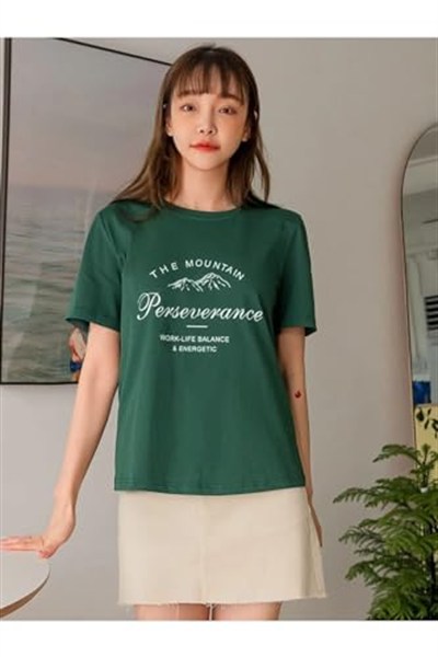 TrendSeninle Kadın Nefti Yeşili Dağ Perseverance Baskılı Oversize Tişört