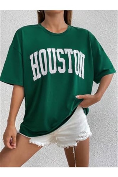 TrendSeninle Kadın Nefti Yeşili Houston Baskılı Oversize T-shirt