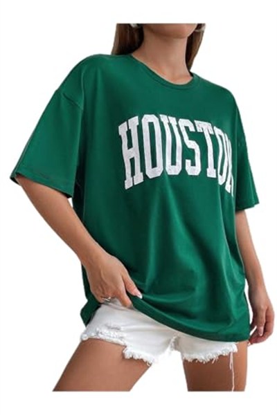 TrendSeninle Kadın Nefti Yeşili Houston Baskılı Oversize T-shirt