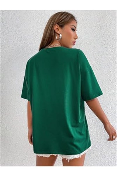 TrendSeninle Kadın Nefti Yeşili Houston Baskılı Oversize T-shirt