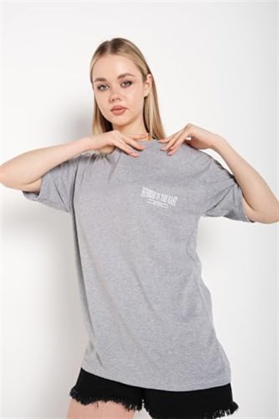 TrendSeninle Kadın Oversize Gri Japanese Sırt Baskılı T-shirt
