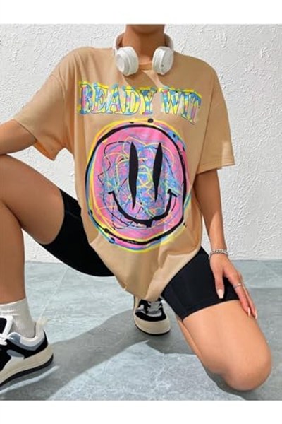 TrendSeninle Kadın Pudra Pembe Ready Wit Baskılı Oversize Taytlı Takım
