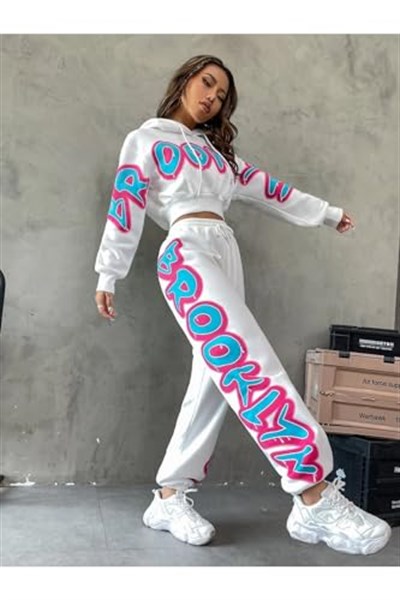 TrendSeninle Kadın Siyah Brooklyn Baskılı Oversize Alt Üst Crop Eşofman Takımı