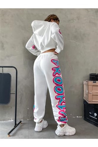 TrendSeninle Kadın Siyah Brooklyn Baskılı Oversize Alt Üst Crop Eşofman Takımı