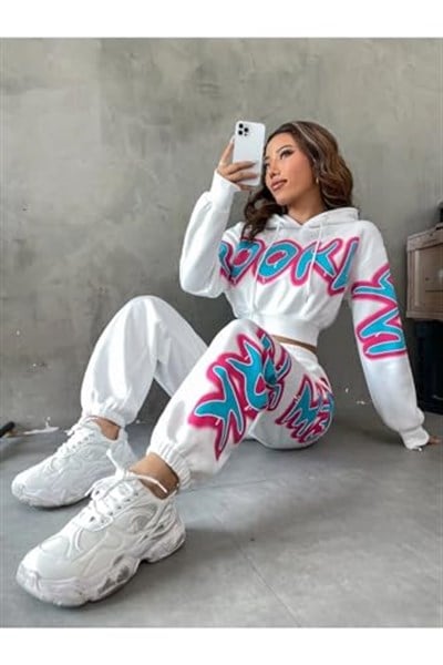 TrendSeninle Kadın Siyah Brooklyn Baskılı Oversize Alt Üst Crop Eşofman Takımı