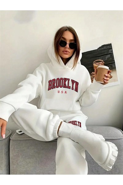 TrendSeninle Kadın Siyah Brooklyn USA Baskılı Oversize Alt Üst Eşofman Takımı