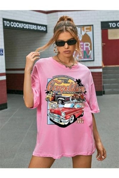 TrendSeninle Kadın Siyah Compeltition Baskılı Oversize T-shirt