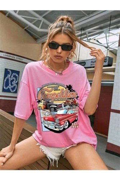 TrendSeninle Kadın Siyah Compeltition Baskılı Oversize T-shirt