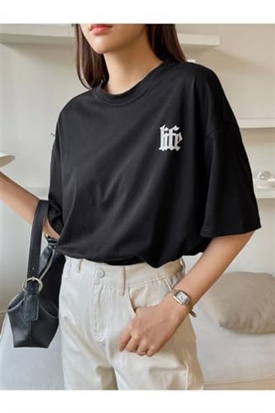 TrendSeninle Kadın Siyah Life Attitude Baskılı Oversize T-shirt