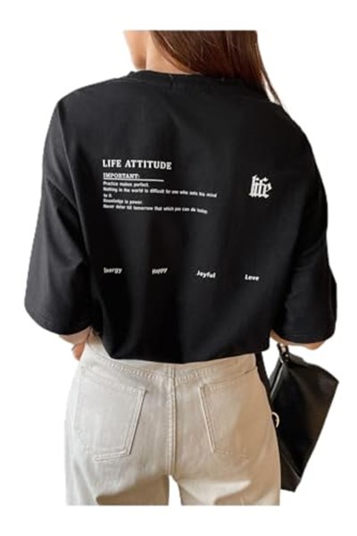 TrendSeninle Kadın Siyah Life Attitude Baskılı Oversize T-shirt