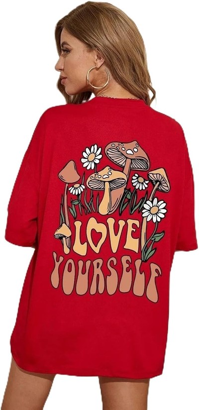 TrendSeninle Kadın Siyah Love Yourself Baskılı Oversize T-shirt
