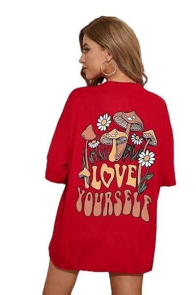 TrendSeninle Kadın Siyah Love Yourself Baskılı Oversize T-shirt