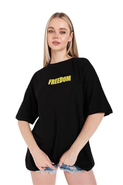 TrendSeninle Kadın Siyah Oversize Freedom Baskılı T-shirt