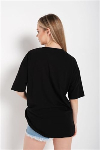 TrendSeninle Kadın Siyah Oversize Freedom Baskılı T-shirt