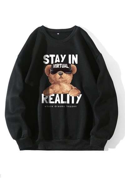 TrendSeninle Kadın Siyah Oversize Stay In Baskılı Sweatshirt