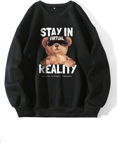 TrendSeninle Kadın Siyah Oversize Stay In Baskılı Sweatshirt
