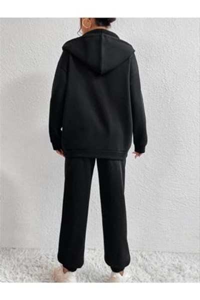TrendSeninle Kadın Siyah Sıerra Nevada Baskılı Hırka Jogger Oversize Eşofman Takımı