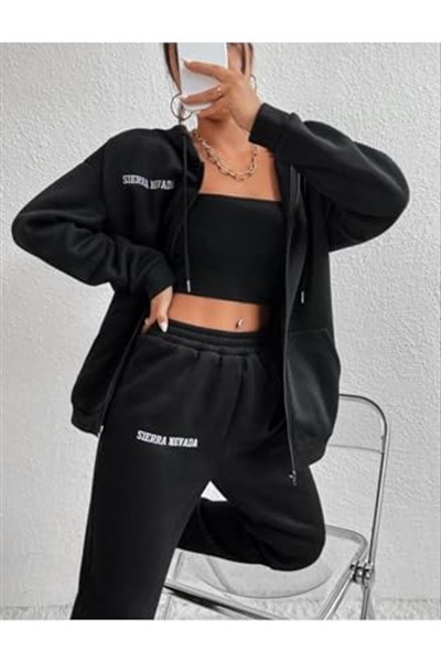 TrendSeninle Kadın Siyah Sıerra Nevada Baskılı Hırka Jogger Oversize Eşofman Takımı
