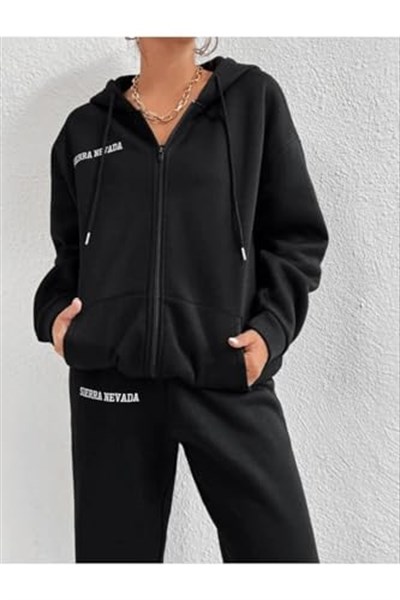 TrendSeninle Kadın Siyah Sıerra Nevada Baskılı Hırka Jogger Oversize Eşofman Takımı
