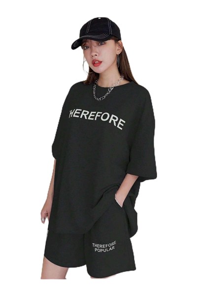 TrendSeninle Kadın Siyah Therefore Baskılı Oversize Şortlu Takım