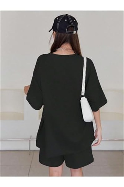 TrendSeninle Kadın Siyah Therefore Baskılı Oversize Şortlu Takım