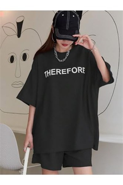 TrendSeninle Kadın Siyah Therefore Baskılı Oversize Şortlu Takım
