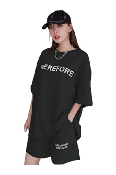 TrendSeninle Kadın Siyah Therefore Baskılı Oversize Şortlu Takım