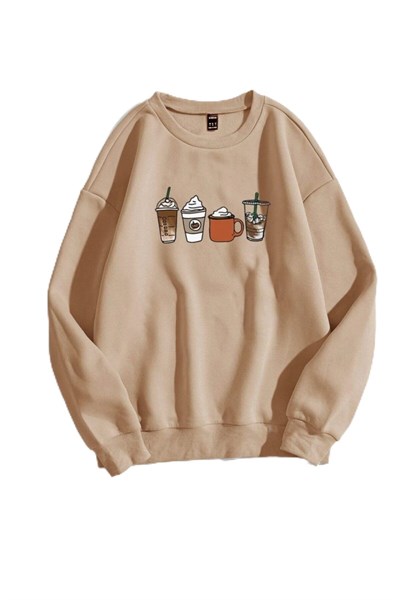 TrendSeninle Kadın Vizon Oversize Coffee Baskılı Sweatshirt