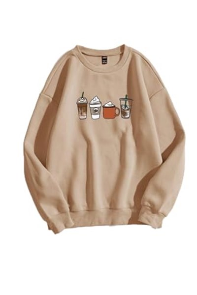 TrendSeninle Kadın Vizon Oversize Coffee Baskılı Sweatshirt