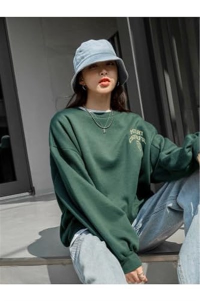 TrendSeninle Kadın Yeşil Merry Cheerful Baskılı Oversize Bisiklet Yaka Sweatshirt