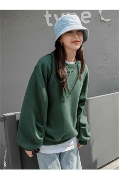 TrendSeninle Kadın Yeşil Merry Cheerful Baskılı Oversize Bisiklet Yaka Sweatshirt