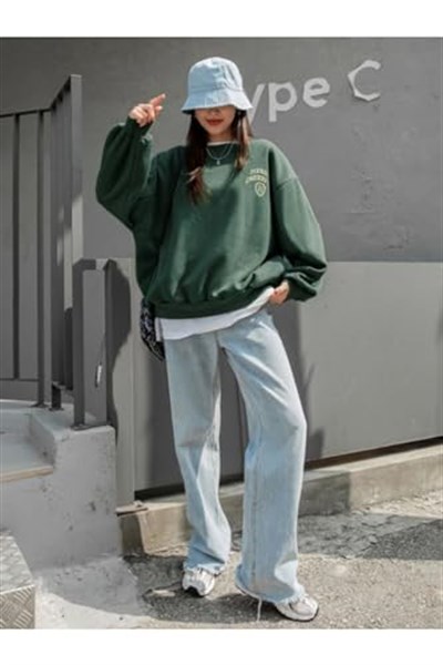 TrendSeninle Kadın Yeşil Merry Cheerful Baskılı Oversize Bisiklet Yaka Sweatshirt