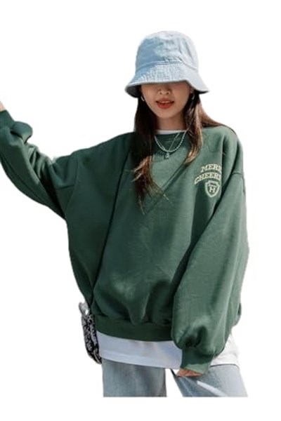 TrendSeninle Kadın Yeşil Merry Cheerful Baskılı Oversize Bisiklet Yaka Sweatshirt