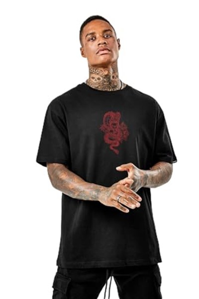 TrendSeninle Oversize Dragon Baskılı Siyah Büyük Beden Tshirt OVRSZTSHRT12