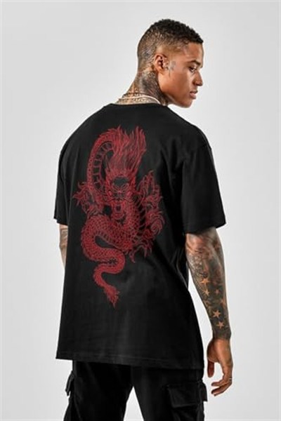 TrendSeninle Oversize Dragon Baskılı Siyah Büyük Beden Tshirt OVRSZTSHRT12