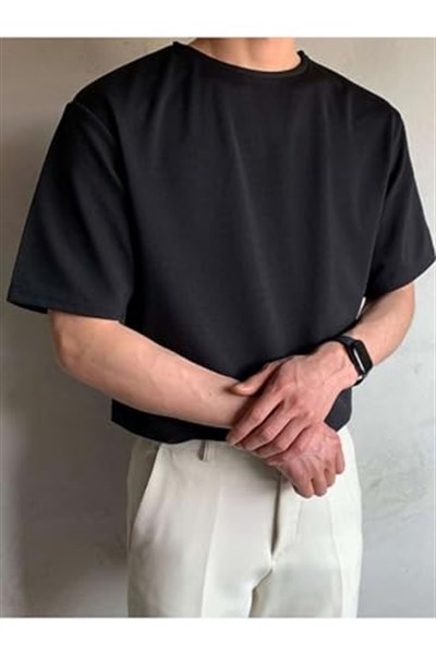 TrendSeninle Siyah Oversize Erkek Düz T-shirt