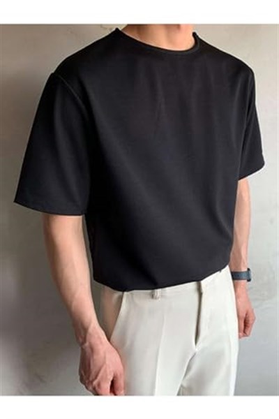 TrendSeninle Siyah Oversize Erkek Düz T-shirt