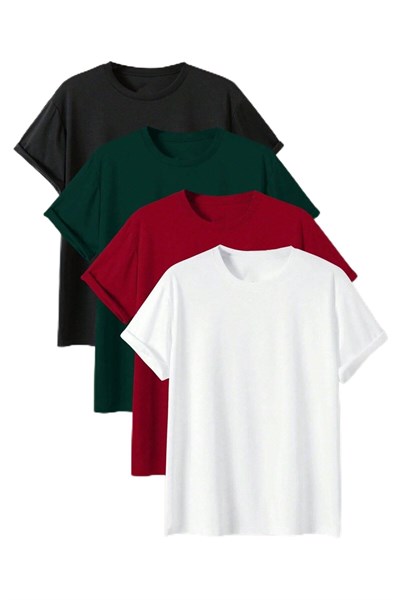 TrendSeninle Unisex 4Lü Paket Düz Oversize Tişört Siyah Nefti Kırmızı Beyaz