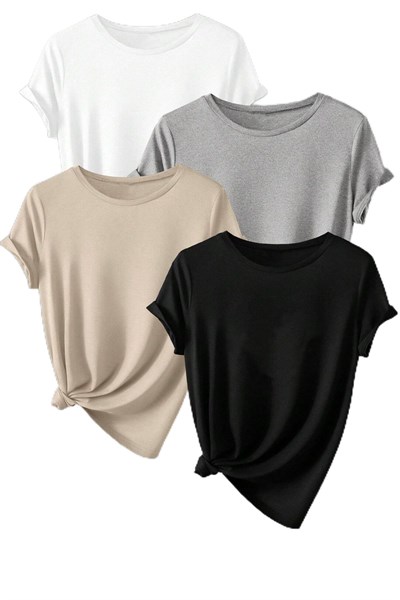 TrendSeninle Unisex 4Lü Paket Düz Oversize Tişört Beyaz Gri Bej Siyah