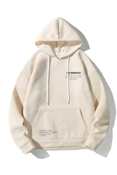 TrendSeninle Unisex Bej The Happiest Baskılı Kapişonlu Sweatshirt