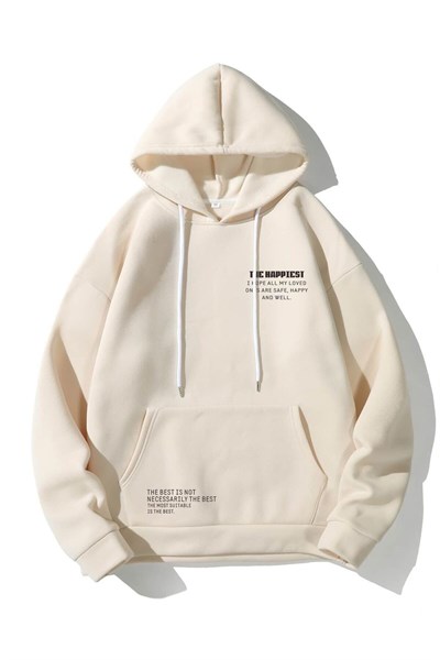 TrendSeninle Unisex Bej The Happiest Baskılı Kapişonlu Sweatshirt