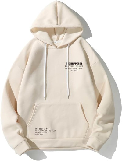 TrendSeninle Unisex Bej The Happiest Baskılı Kapişonlu Sweatshirt