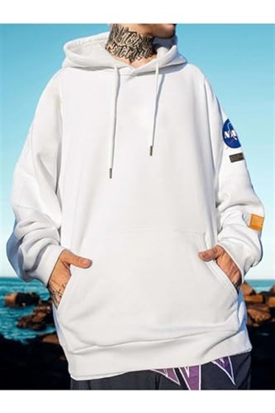 TrendSeninle Unisex Beyaz Nasa Logo Baskılı Oversize Sweatshirt