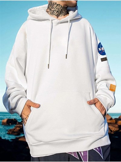 TrendSeninle Unisex Beyaz Nasa Logo Baskılı Oversize Sweatshirt