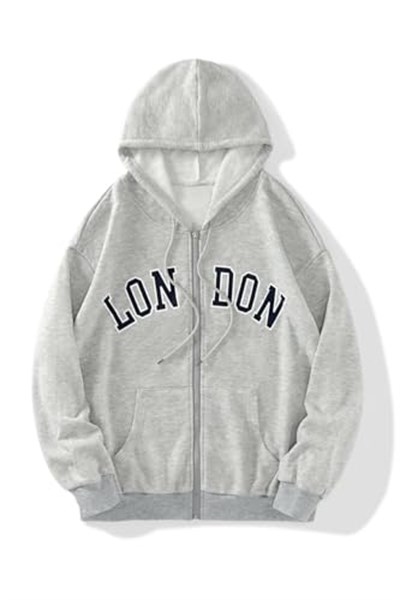 TrendSeninle Unisex Gri London Baskılı Fermuarlı Sweat Hırka