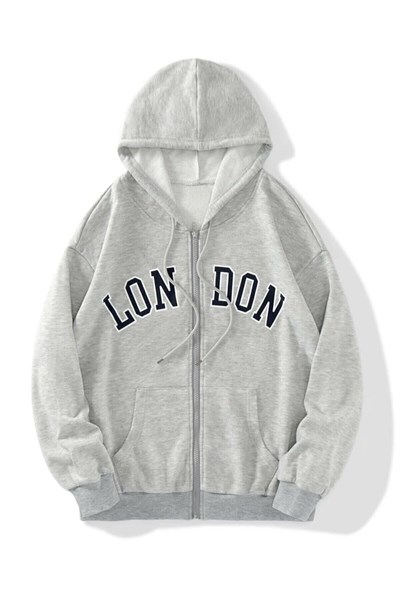 TrendSeninle Unisex Gri London Baskılı Fermuarlı Sweat Hırka