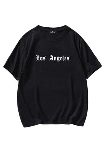 TrendSeninle Unisex Siyah Los Angeles Baskılı Oversize Tshirt