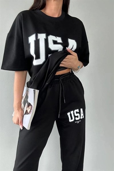 TrendSeninle Usa Eşofman Altı Ve T-shirt Siyah Jogger Tişört Alt Üst Eşofman Takımı Oversize Bisiklet Yaka