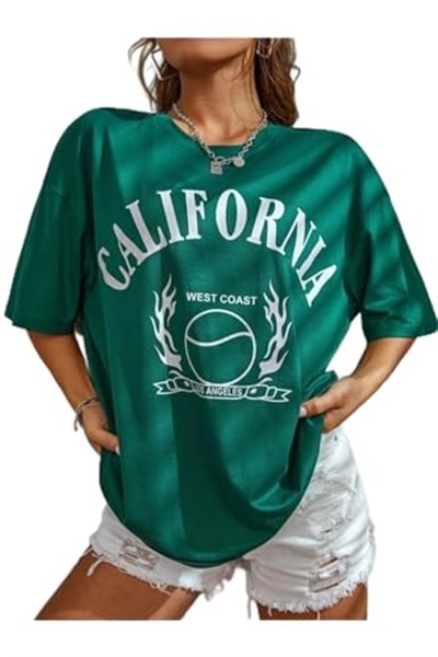 TrendSeninle Yeşil Calıfornia Baskılı Oversize Unisex T-shirt