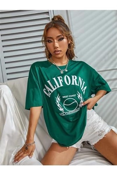 TrendSeninle Yeşil Calıfornia Baskılı Oversize Unisex T-shirt